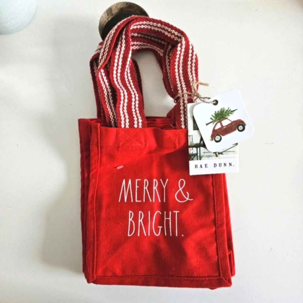 3 pcs Red Rae Dunn Merry & Bright Christmas Tote Gift Bags